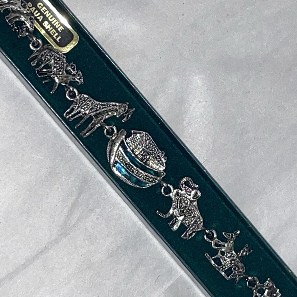 Vintage Genuine Paua Shell Bible Story Noah's Ark 7.25" Bracelet Sterling Silver